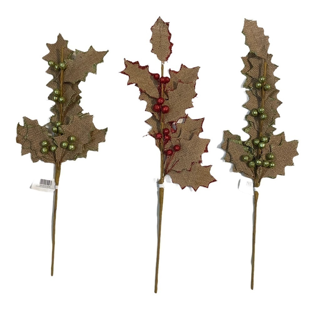 Burlap Holly Berry Lime Green and Red Christmas Picks